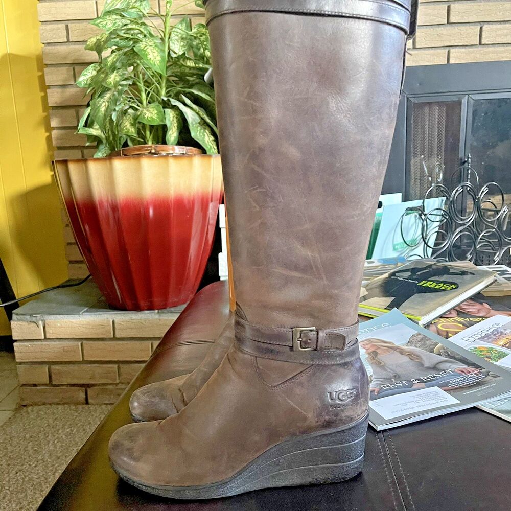 UGG Waterproof Lesley Brown Leather Wedge Tall Boots Buckle Detail Wms Size 7 - Picture 2 of 14